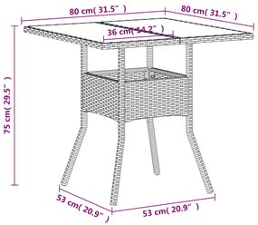 Τραπέζι Κήπου Γυάλινη Επιφάνεια Λευκό 80x80x75 εκ. Συνθ. Ρατάν - Λευκό