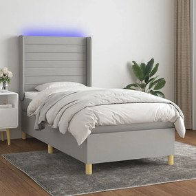 vidaXL Κρεβάτι Boxspring με Στρώμα &amp; LED Αν.Γκρι 90x200 εκ. Υφασμάτινο