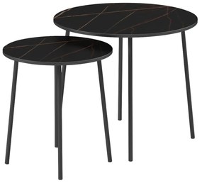 COFFEE TABLES 2PCS ROUND CUPPER  MELAMINE IN BLACK MARBLE-BLACK METAL Φ55x45Hcm.