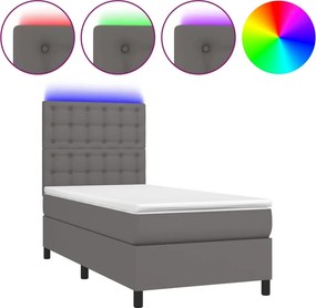 vidaXL Κρεβάτι Boxspring με Στρώμα &amp; LED Γκρι 90x200 εκ. Συνθ. Δέρμα