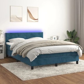 vidaXL Κρεβάτι Boxspring με Στρώμα &amp; LED Σκ. Μπλε 140x190εκ. Βελούδινο