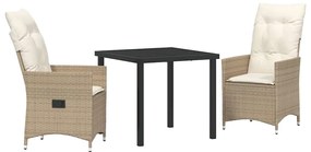 vidaXL Σέτ φαγητού για κήπο με μαξιλάρι 3 pcs Μπεζ Πολυ ράταν