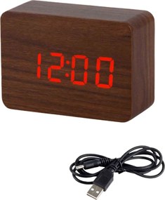 Επιτραπέζιο Ψηφιακό Ξύλινο Ρολόι με οθόνη LED, Ξυπνητήρι, Θερμόμετρο - Καφέ