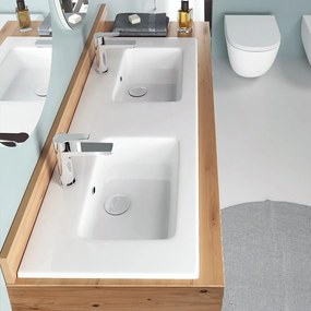 Bianco Ceramica Flat 36120 Λευκός Πορσελάνινος Νιπτήρας Μπάνιου με 2 Γούρνες Κρεμαστός ή Επικαθήμενος Επίπλου 121,6x46 cm