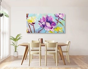 Εικόνα ζωγραφικής με κίτρινα και μοβ λουλούδια