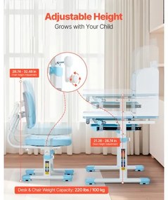 VEVOR Kids Study Chair and Desk with Bookshelf &amp; Drawer Height Adjustable Blue