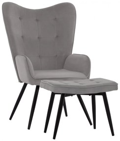 CRAWLEY armchair with extra footstool, grey velvet