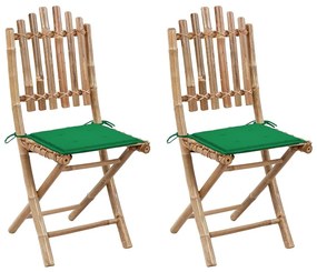 Καρέκλες Κήπου Πτυσσόμενες 2 τεμ. από Μπαμπού με Μαξιλάρια - Πράσινο