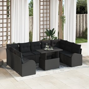 vidaXL Σετ Κήπου 10 Τεμαχίων με Μαξιλάρια σε Μαύρο Πολυ Ρατάν