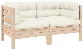 vidaXL Καναπές Κήπου Διθέσιος από Μασίφ Ξύλο Πεύκου με Κρεμ Μαξιλάρια