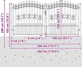 vidaXL Πόρτα Περίφραξης KAMPEN με Κορυφή Δόρυ Μαύρη 302x150 εκ. Ατσάλινη