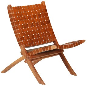 246365 vidaXL Καρέκλα Πτυσσόμενη με Χιαστί Λωρίδες Καφέ από Γνήσιο Δέρμα Καφέ, 1 Τεμάχιο