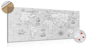 Εικόνα στον παγκόσμιο χάρτη από φελλό με βάρκες σε ασπρόμαυρο - 100x50  flags