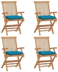 Καρέκλες Κήπου 4 τεμ. από Μασίφ Ξύλο Teak με Γαλάζια Μαξιλάρια