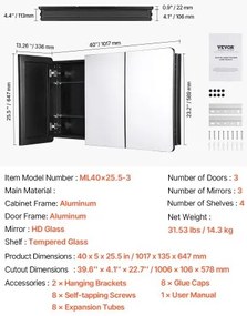 VEVOR Medicine Cabinet 25.5&quot; x 40&quot; Mirror Medicine Cabinet Adjustable Shelves