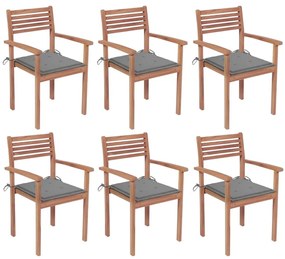 Καρέκλες Κήπου Στοιβαζ. 6 τεμ. από Μασίφ Ξύλο Teak με Μαξιλάρια - Γκρι