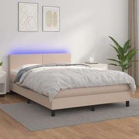 Κρεβάτι Boxspring Στρώμα&amp;LED Καπουτσίνο 140x200 εκ. Συνθ. Δέρμα