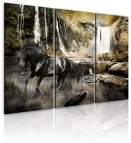 Πίνακας - Black horse and rocky waterfall 60x40