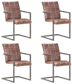 Καρέκλες Τραπεζαρίας «Πρόβολος» 4 τεμ. Αντικέ Καφέ Γνήσιο Δέρμα - Καφέ
