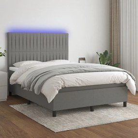 3135030 vidaXL Κρεβάτι Boxspring με Στρώμα &amp; LED Σκ.Γκρι 140x190εκ. Υφασμάτινο Γκρι, 1 Τεμάχιο