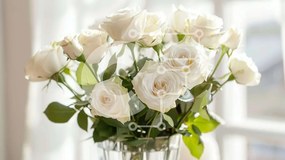 Intra Συλλεκτικό Ξύλινο Παζλ Plywood  4mm - Λευκά τριαντάφυλλα σε διαυγές βάζο από ανοιχτό παράθυρο Σε Ξύλινο Κουτί - Διαστάσεις: 10x10 cm – 25 κομμάτια