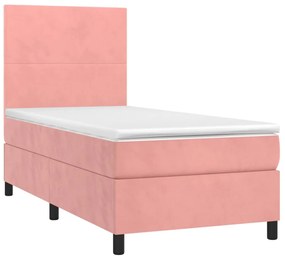 vidaXL Κρεβάτι Boxspring με Στρώμα &amp; LED Ροζ 90x190 εκ. Βελούδινο