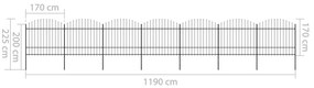 vidaXL Κάγκελα Περίφραξης με Λόγχες Μαύρα (1,5-1,75)x11,9 μ. Ατσάλινα