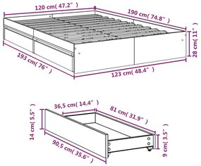 Πλαίσιο Κρεβατιού με συρτάρια Γκρι sonoma 120x190εκ. Επεξ. Ξύλο - Γκρι