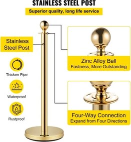 VEVOR Velvet Ropes and Posts Gold Stanchion 5ft/1.5m Crowd Control Barriers 4PCS