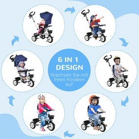 HOMCOM 6-σε-1 παιδικό τρίκυκλο με ράβδο ώθησης, κουκούλα, ζώνη, καλάθι αποθήκευσης, 18+ μηνών, σκούρο μπλε