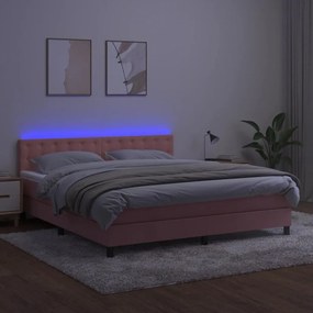 vidaXL Κρεβάτι Boxspring με Στρώμα &amp; LED Ροζ 180x200 εκ. Βελούδινο