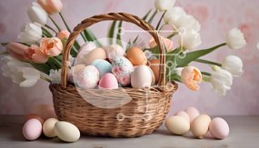 Intra Συλλεκτικό Ξύλινο Παζλ Plywood 4mm - Πασχαλινά αυγά σε ψάθινο καλάθι με τουλίπες Σε Ξύλινο Κουτί - Διαστάσεις: 10x10 cm – 25 κομμάτια