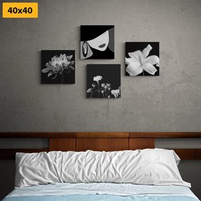 Σετ εικόνων κομψότητας γυναίκας και λουλουδιών σε ασπρόμαυρο σχέδιο - 4x 40x40