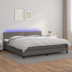 Κρεβάτι Boxspring με Στρώμα &amp; LED Γκρι 200x200 εκ. Συνθ. Δέρμα - Γκρι