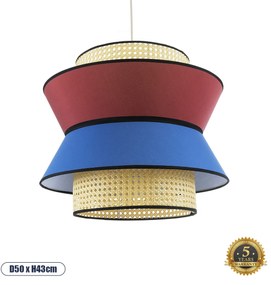 01919 GloboStar® SAIGE 01919 Boho Κρεμαστό Φωτιστικό Πλέγμα Μονόφωτο 1 x E27 IP20 Μπεζ Ξύλο με Κόκκινο & Μπλε Ύφασμα - Μ50 x Π50 x Υ43cm