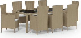 vidaXL Σετ Τραπεζαρίας Εξ. Χώρου 9 τεμ. Μπεζ Συνθ. Ρατάν με Μαξιλάρια