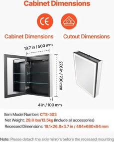 VEVOR Lighted Mirror Medicine Cabinet 50 x 70 cm Bottom Lighting Recessed Wall