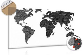 Εικόνα ενός ασπρόμαυρου παγκόσμιου χάρτη σε έναν φελλό - 90x60  wooden