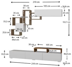 Σύνθεση τηλεόρασης Stamatia Megapap χρώμα λευκό - καρυδί 210x36,8x46,8εκ.