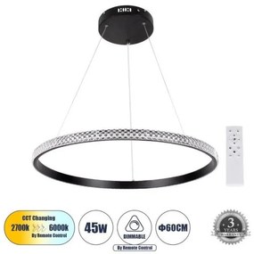 Κρεμαστό Φωτιστικό Οροφής LED 45W 5230lm CCT με Χειριστήριο Μαύρο 61130 DIAMOND Globostar-61130-Μαύρο 61130