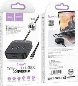 Hub USB-C Hoco HB31 Easy 4-in-1 με 4 χ USB3.0 Μαύρο 20cm