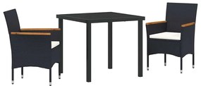 vidaXL Σέτ φαγητού για κήπο με μαξιλάρι 3 pcs Μαύρο Πολυ ράταν