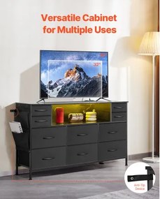 VEVOR 10 Fabric Drawer Dresser with Open Storage Shelf LED Lights &amp; Outlet Black