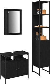 vidaXL Σετ Επίπλων Μπάνιου με ράφι 3 pcs Μαύρη Οξυά Επεξεργασμένο ξύλο