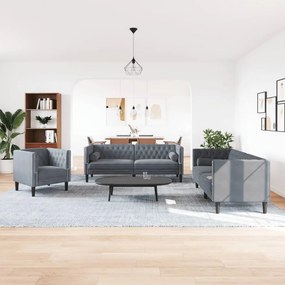vidaXL Καναπές Chesterfield Σετ 3 Τεμ. με Στηρίγματα Σκ. Γκρι Βελούδο