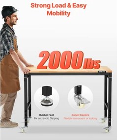 VEVOR 48" Workbench on Wheels Adjustable Height Table with Power Outlet &amp; Pegboard