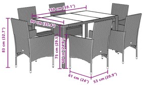 Σετ Τραπεζαρίας Κήπου 7 τεμ. Καφέ Συνθ. Ρατάν / Γυαλί Μαξιλάρια - Καφέ