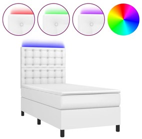 vidaXL Κρεβάτι Boxspring με Στρώμα & LED Λευκό 90x200 εκ. Συνθ. Δέρμα