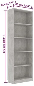 Βιβλιοθήκη με 5 Ράφια Γκρι Σκυροδέμ. 60x24x175 εκ. Επεξ. Ξύλο - Γκρι