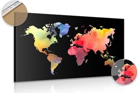 Εικόνα σε παγκόσμιο χάρτη από φελλό σε σχέδιο ακουαρέλας σε μαύρο φόντο - 90x60  place